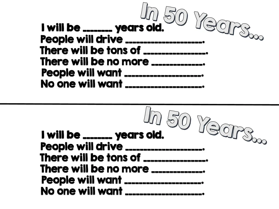 Mini book “In 50 Years” page asking about future age, transportation, and what people want, printed twice