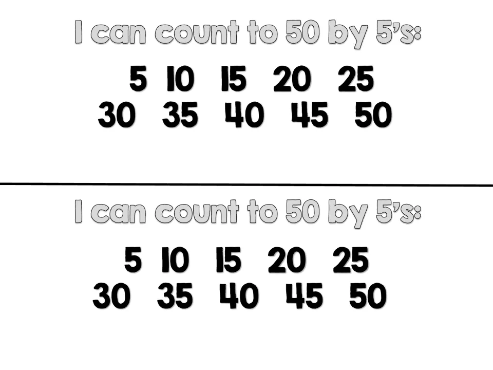 Mini book counting page showing 5, 10, 15, 20, 25, 30, 35, 40, 45, and 50, printed twice on the sheet