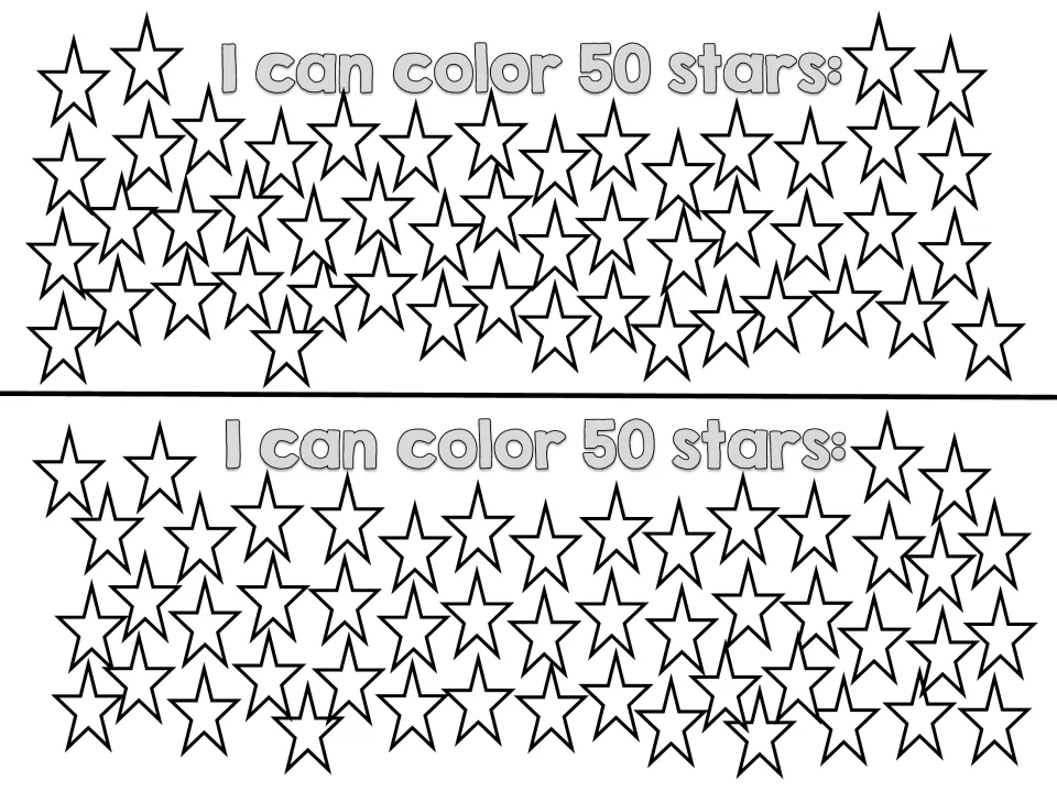 Mini book coloring page headed “I can color 50 stars,” with outlined stars to color, printed twice