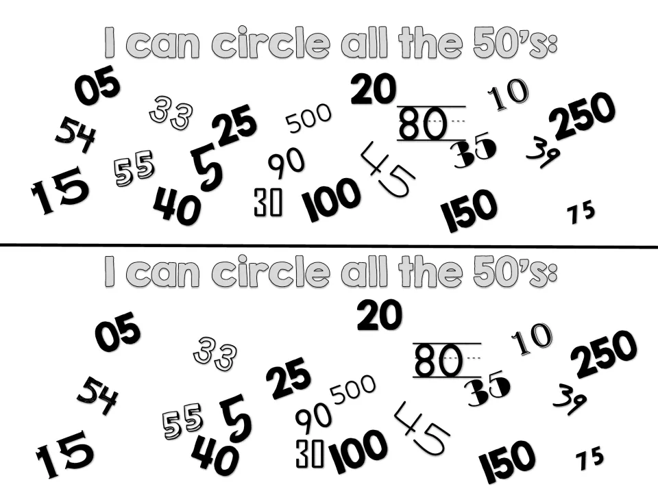 Mini book number-search page headed “I can circle all the 50’s,” with assorted numbers, printed twice