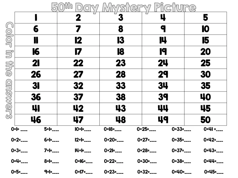 50th Day Mystery Picture activity with numbers 1–50 and addition problems whose answers students color