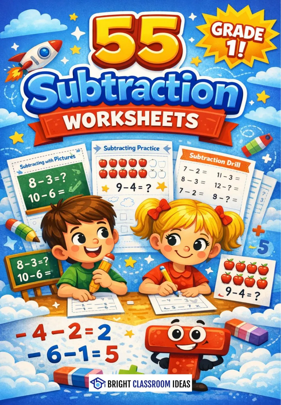 Cover: 55 subtraction worksheets labeled Grade 1, previewing picture subtraction, apple counting and drill pages