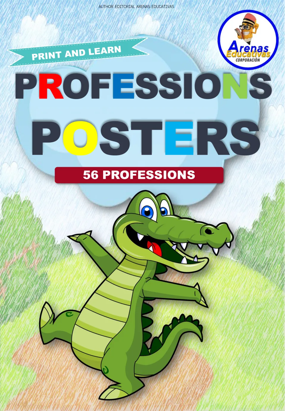Professions posters cover with 56 professions to print, showing a cartoon crocodile on a grassy hill under the title