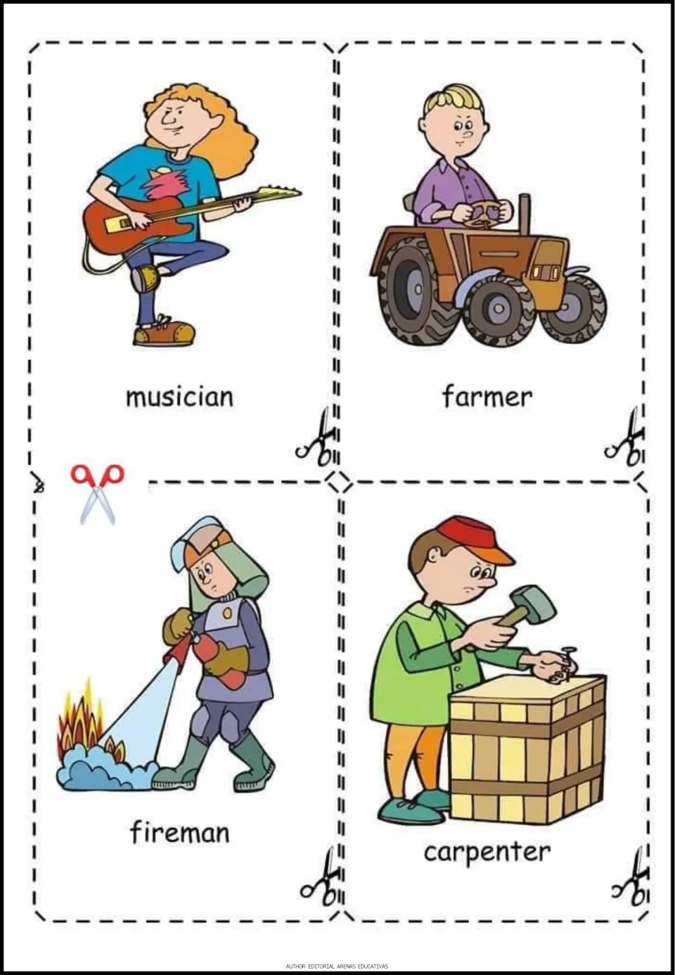 Occupation vocabulary cards to cut out: musician, farmer, fireman and carpenter, each a cartoon worker with a word label