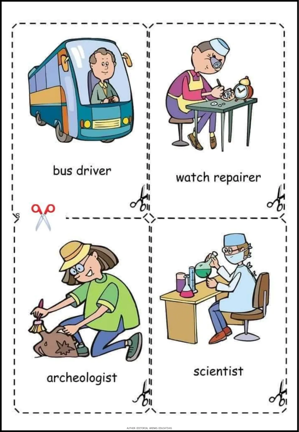 Occupation vocabulary cards to cut out: bus driver, watch repairer, archeologist and scientist with matching pictures