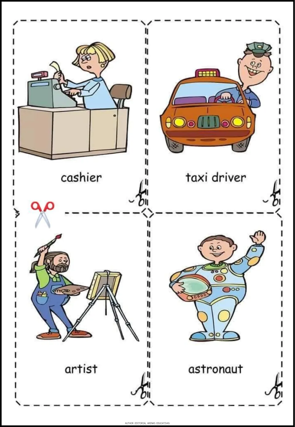 Occupation vocabulary cards to cut out: cashier, taxi driver, artist and astronaut, each pictured doing the job