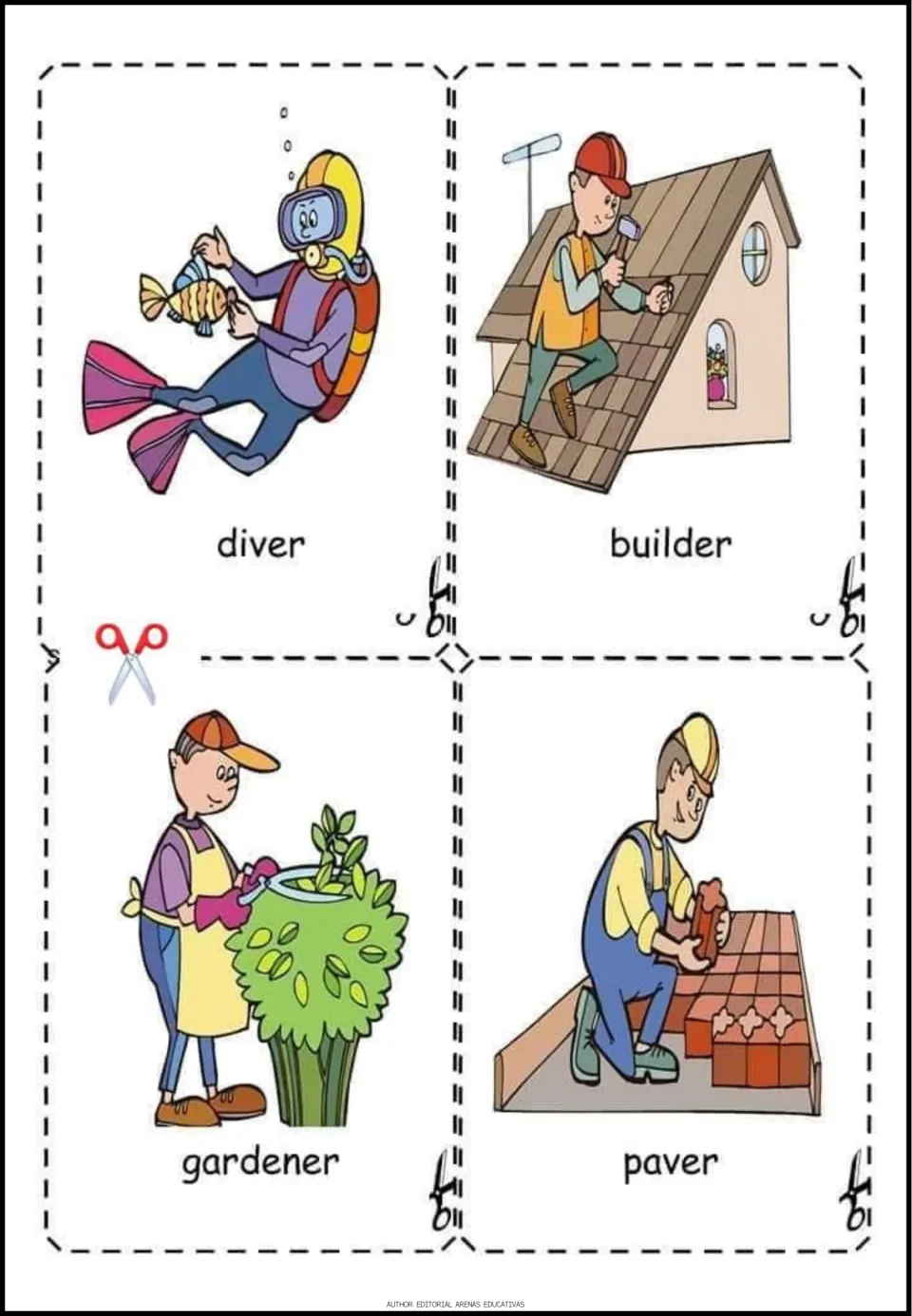 Occupation vocabulary cards to cut out: diver, builder, gardener and paver, with an illustration above each word