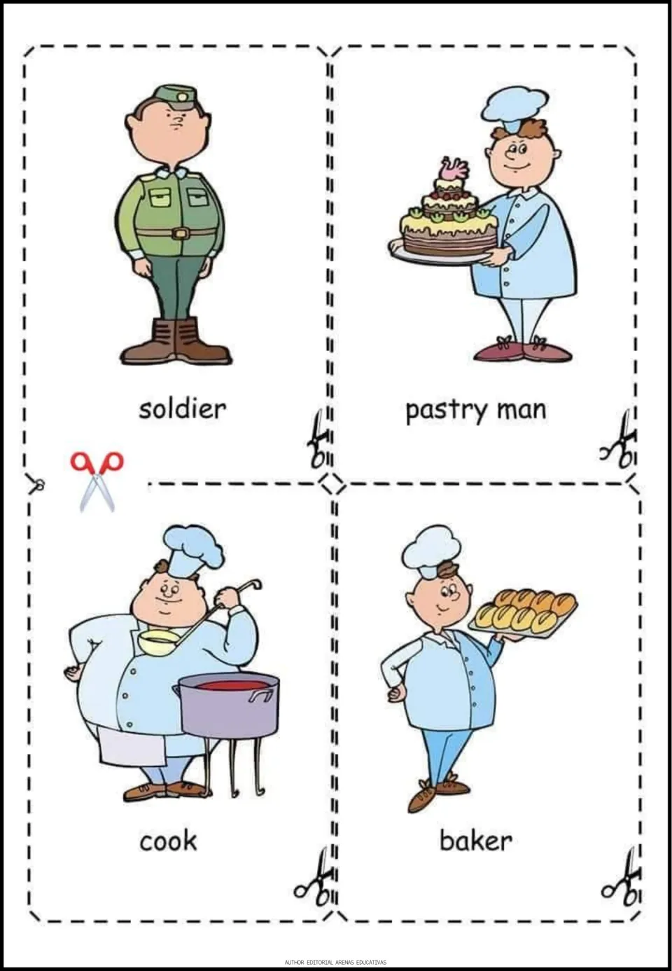 Occupation vocabulary cards to cut out: soldier, pastry man, cook and baker, with chefs and a uniformed soldier shown