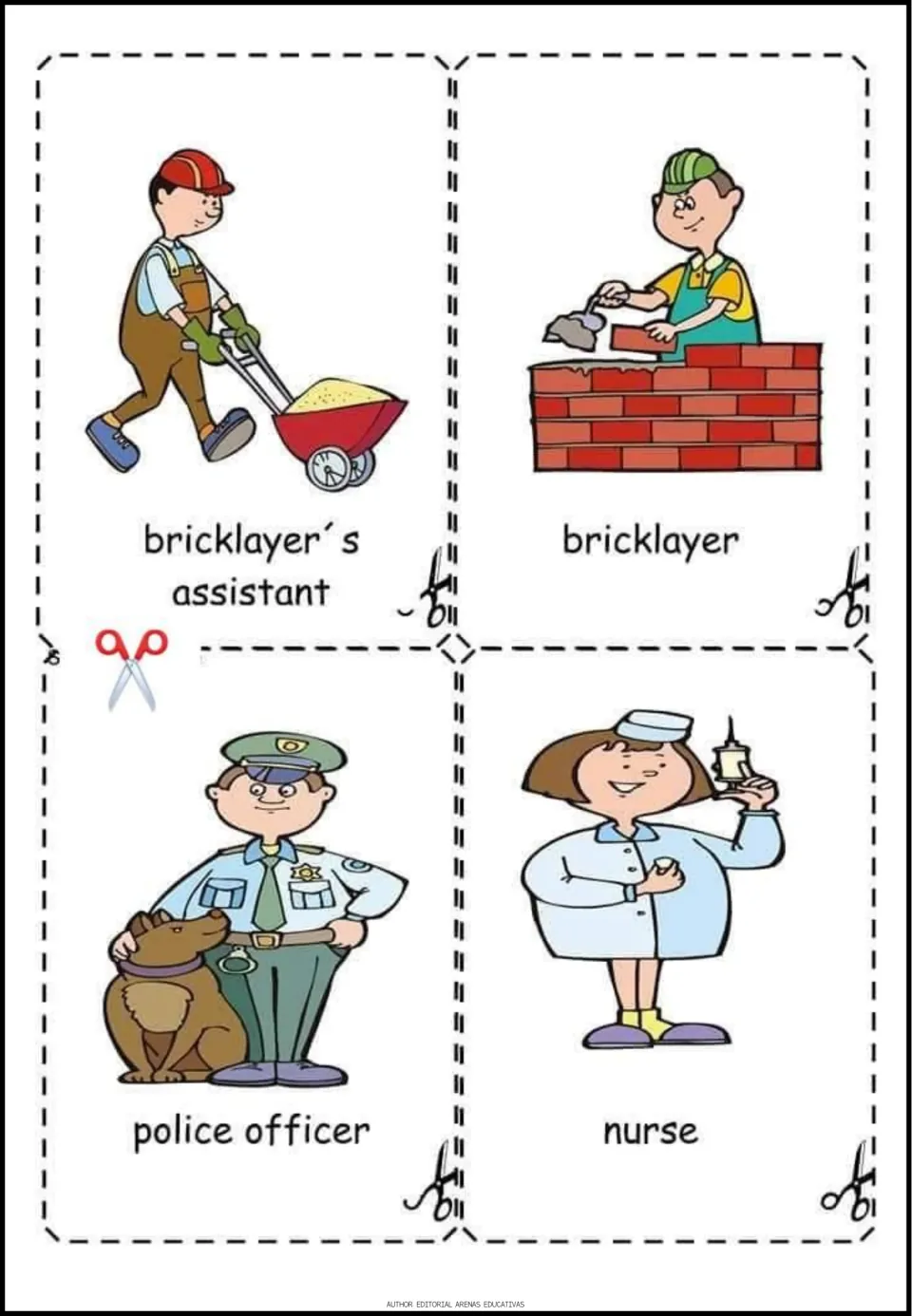 Occupation vocabulary cards to cut out: bricklayer's assistant, bricklayer, police officer and nurse with illustrations