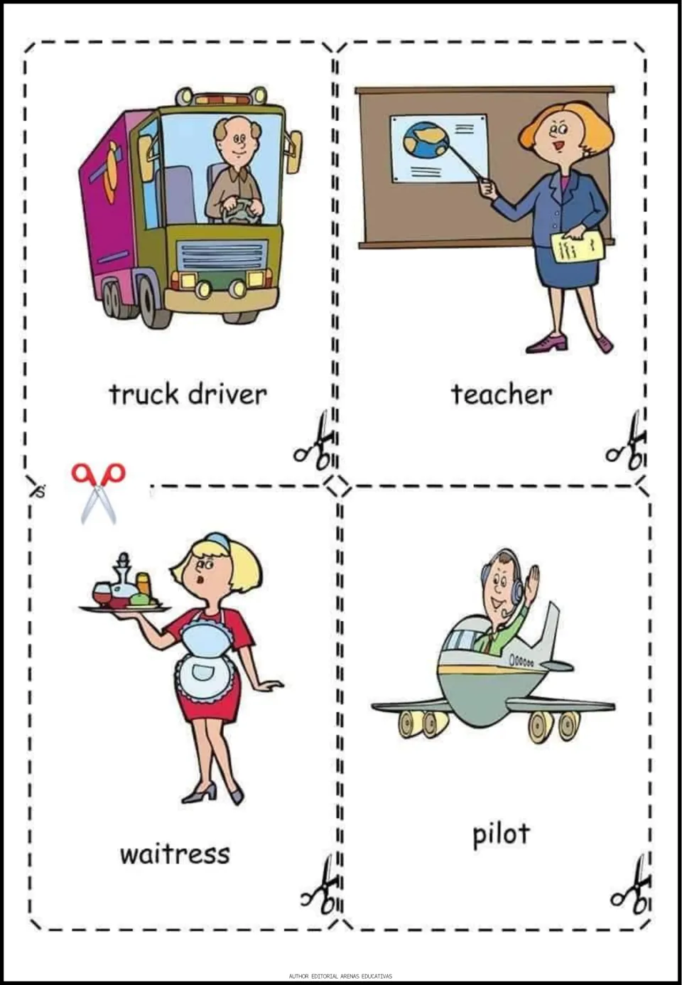 Occupation vocabulary cards to cut out: truck driver, teacher, waitress and pilot, each with a cartoon illustration