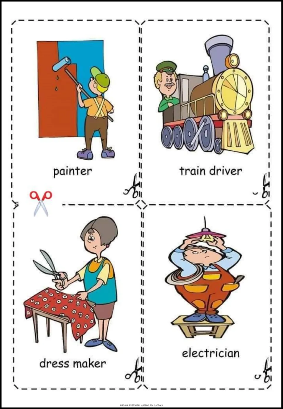 Occupation vocabulary cards to cut out: painter, train driver, dress maker and electrician at work in cartoon scenes