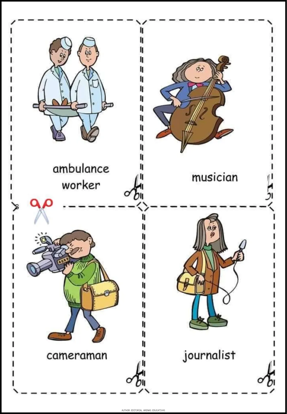 Occupation vocabulary cards to cut out: ambulance worker, musician, cameraman and journalist with cartoon pictures