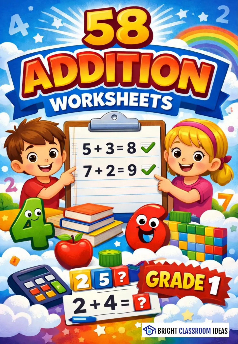 Cover: 58 Addition Worksheets, Grade 1, from Bright Classroom Ideas, showing sums 5 + 3 = 8 and 7 + 2 = 9
