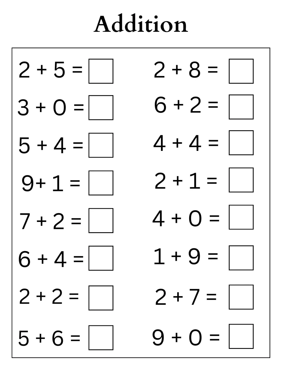 Addition facts to 11: students solve 16 single-digit sums such as 2 + 5, 3 + 0, 9 + 1 and 5 + 6, writing each answer