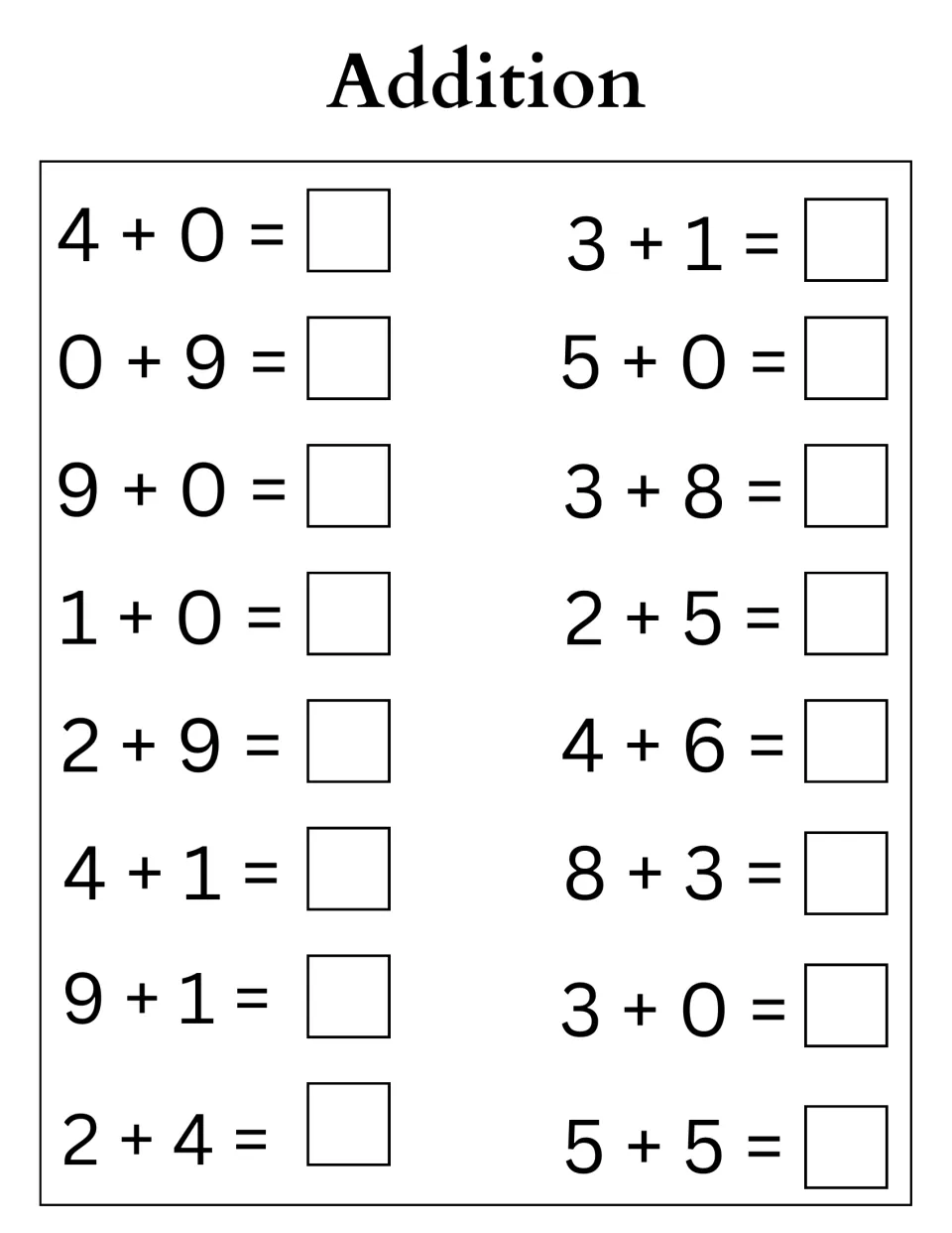 Adding zero and sums to 11: students solve 16 facts including 4 + 0, 0 + 9, 2 + 9, 8 + 3 and 5 + 5, writing each sum