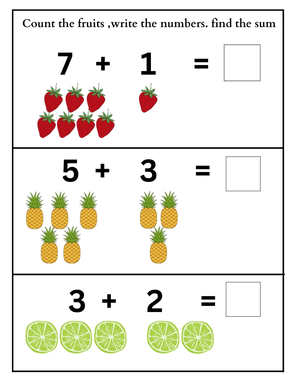 Picture addition: students count strawberries, pineapples and limes to find the sums of 7 + 1, 5 + 3 and 3 + 2