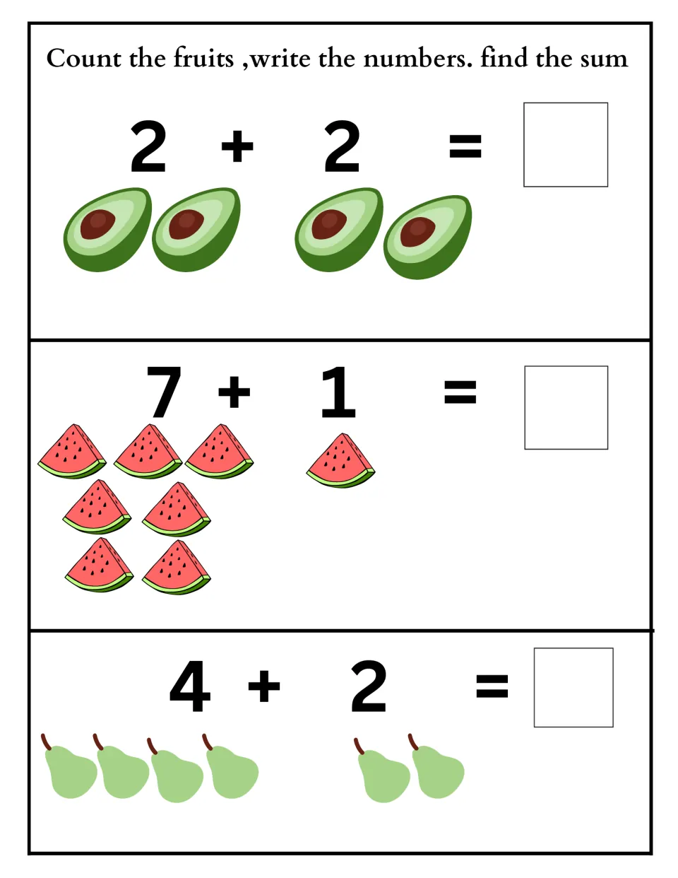 Picture addition: students count avocados, watermelon slices and pears to solve 2 + 2, 7 + 1 and 4 + 2