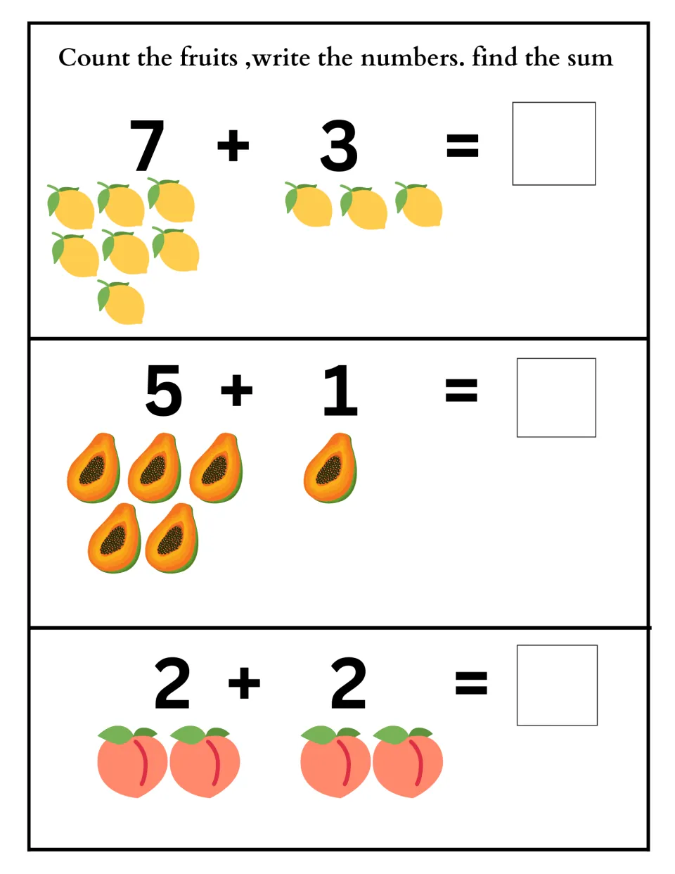 Picture addition: students count lemons, papaya halves and peaches to solve 7 + 3, 5 + 1 and 2 + 2