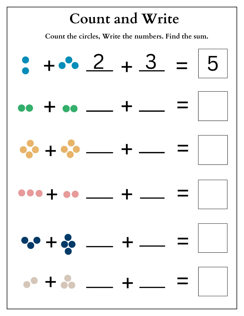 Count and Write: students count two groups of dots, write both addends and the sum; worked example shows 2 + 3 = 5