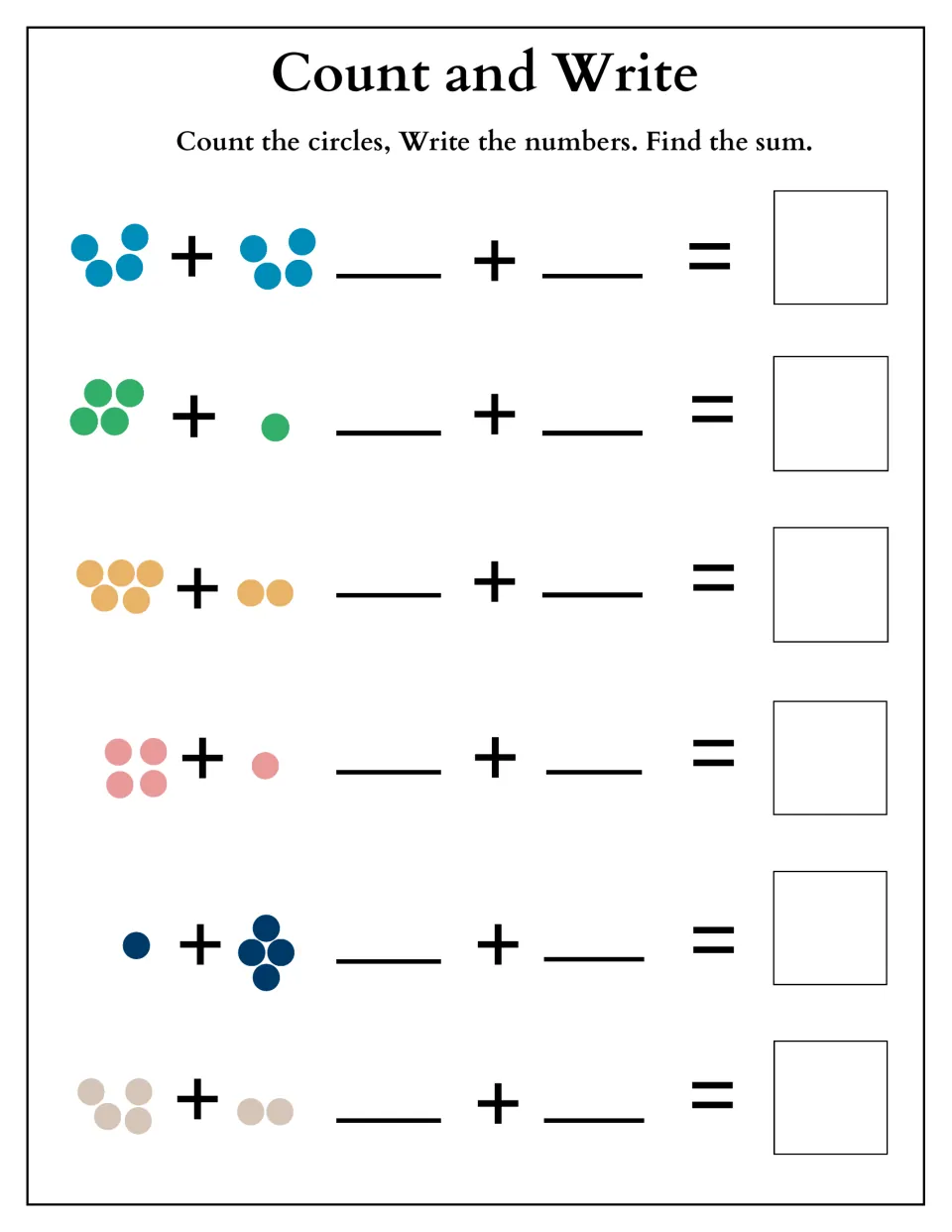 Count and Write dot addition: students count colored dot groups such as 4 and 4 or 5 and 2, write the addends and add