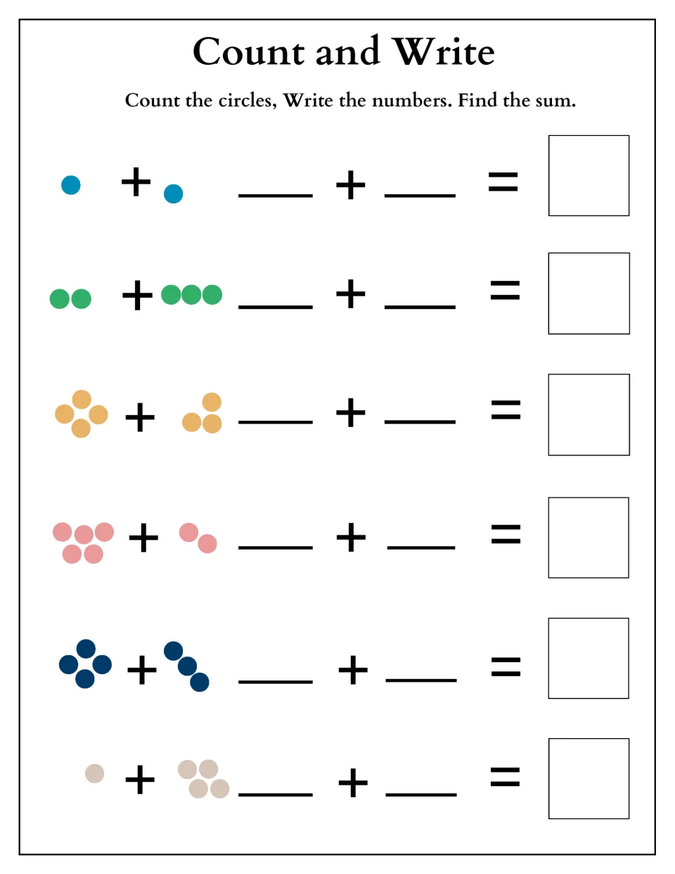 Count and Write sums: students turn dot pairs like 1 and 1, 2 and 3 or 4 and 3 into number sentences and add
