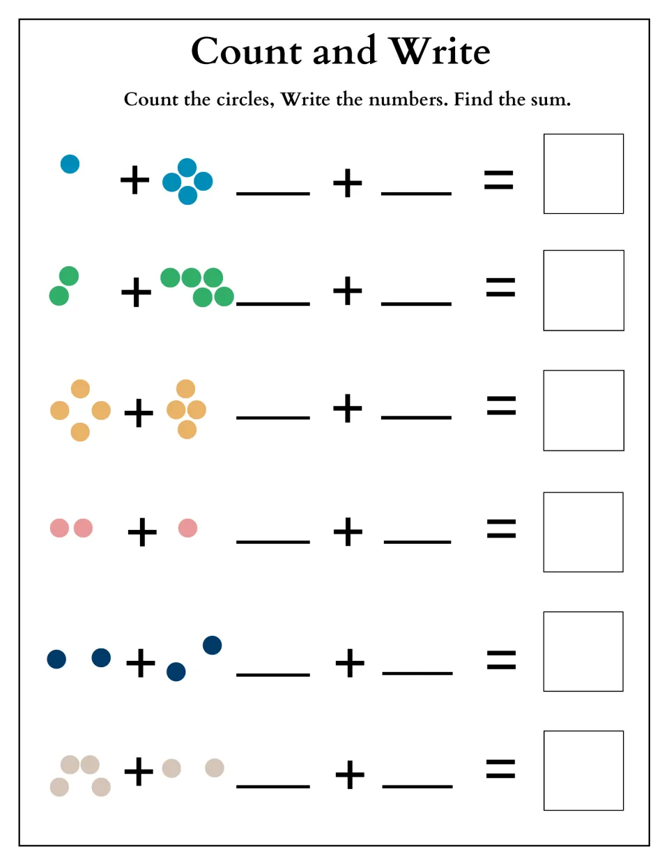 Count and Write practice: students count dot sets such as 1 and 4, 2 and 5 or 4 and 4, write both numbers and the sum