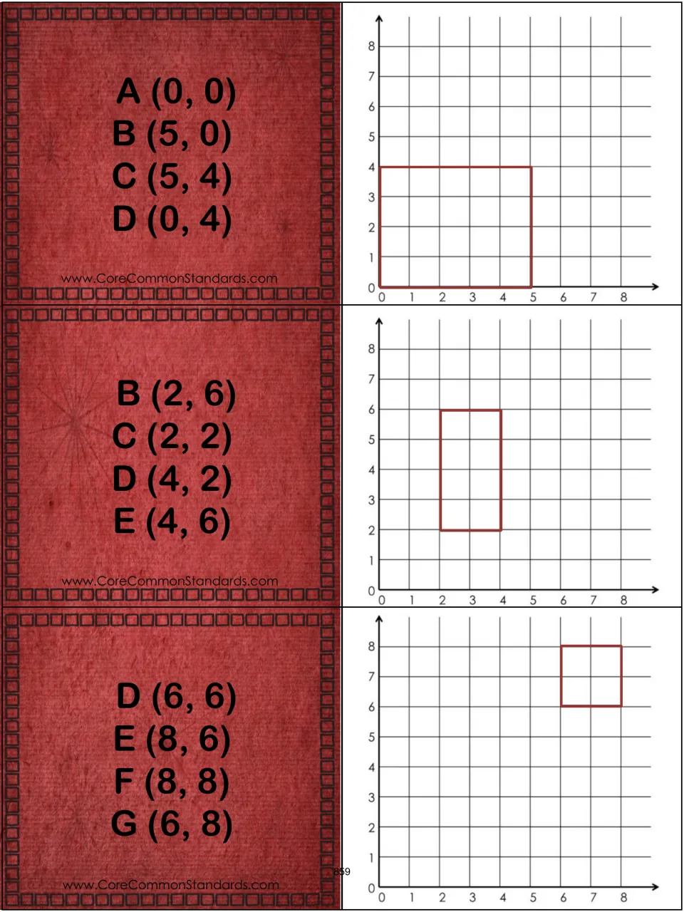 Rectangle pairs 1–3: coordinates and matching graphs for ABCD, BCDE, and DEFG, including A (0, 0) and B (5, 0)