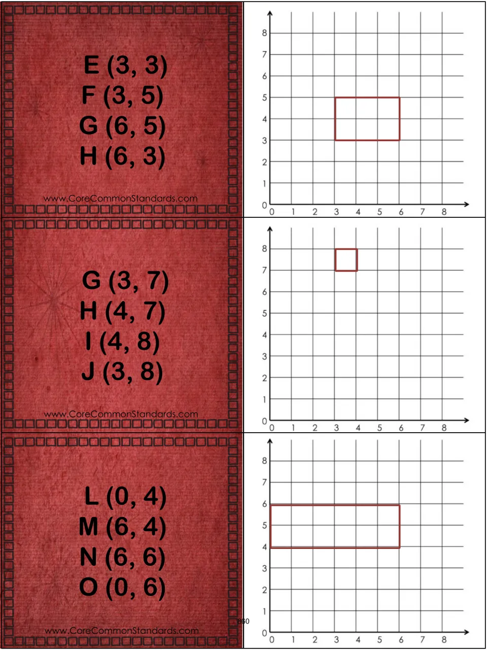Rectangle pairs 4–6: coordinates and matching graphs for EFGH, GHIJ, and LMNO, including E (3, 3) and F (3, 5)