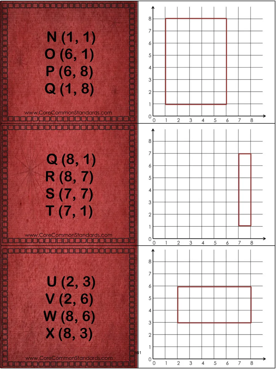 Rectangle pairs 7–9: coordinates and matching graphs for NOPQ, QRST, and UVWX, including N (1, 1) and O (6, 1)