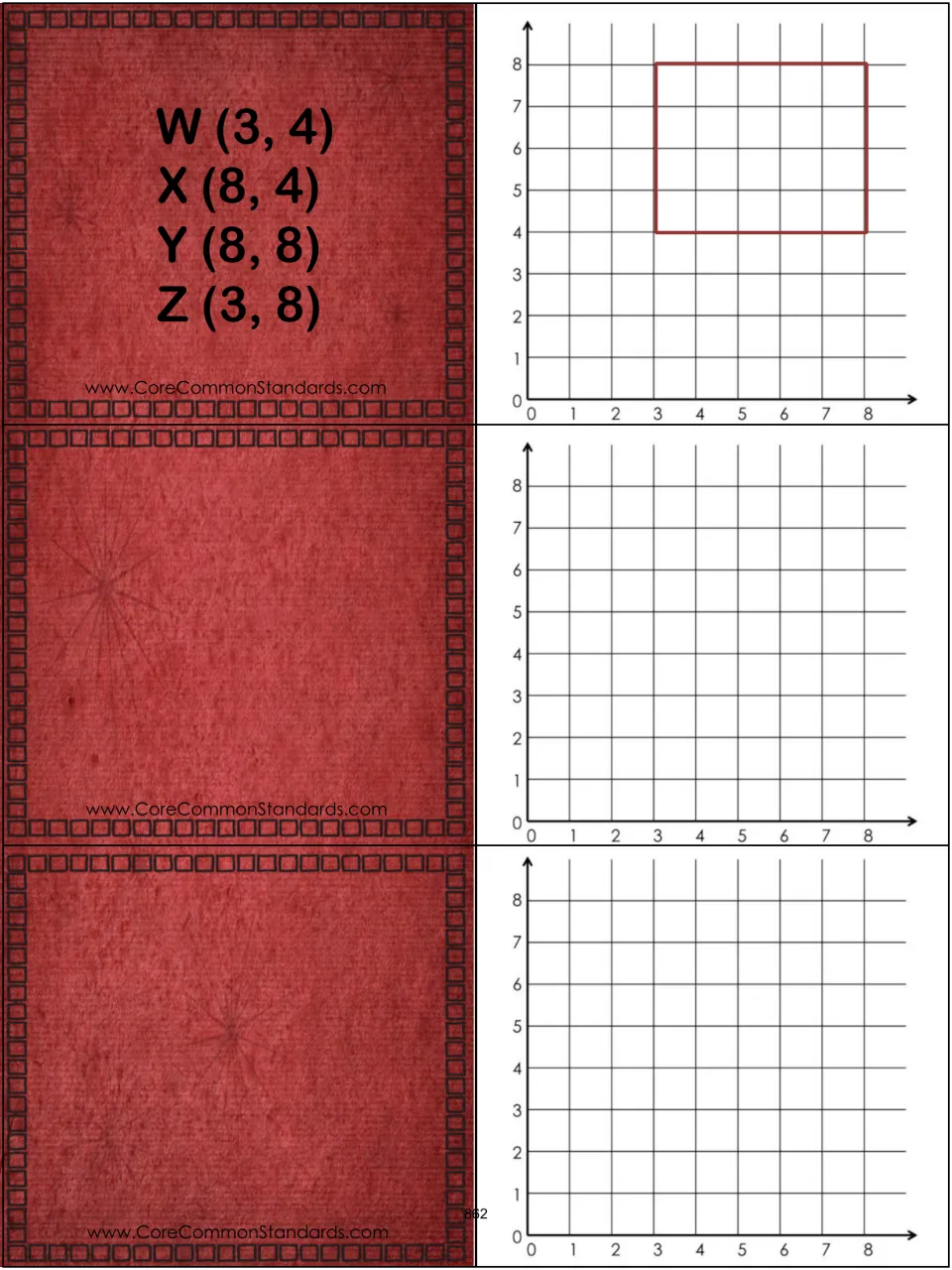 Rectangle pair 10: WXYZ uses (3, 4), (8, 4), (8, 8), and (3, 8); two blank coordinate-and-graph pairs follow
