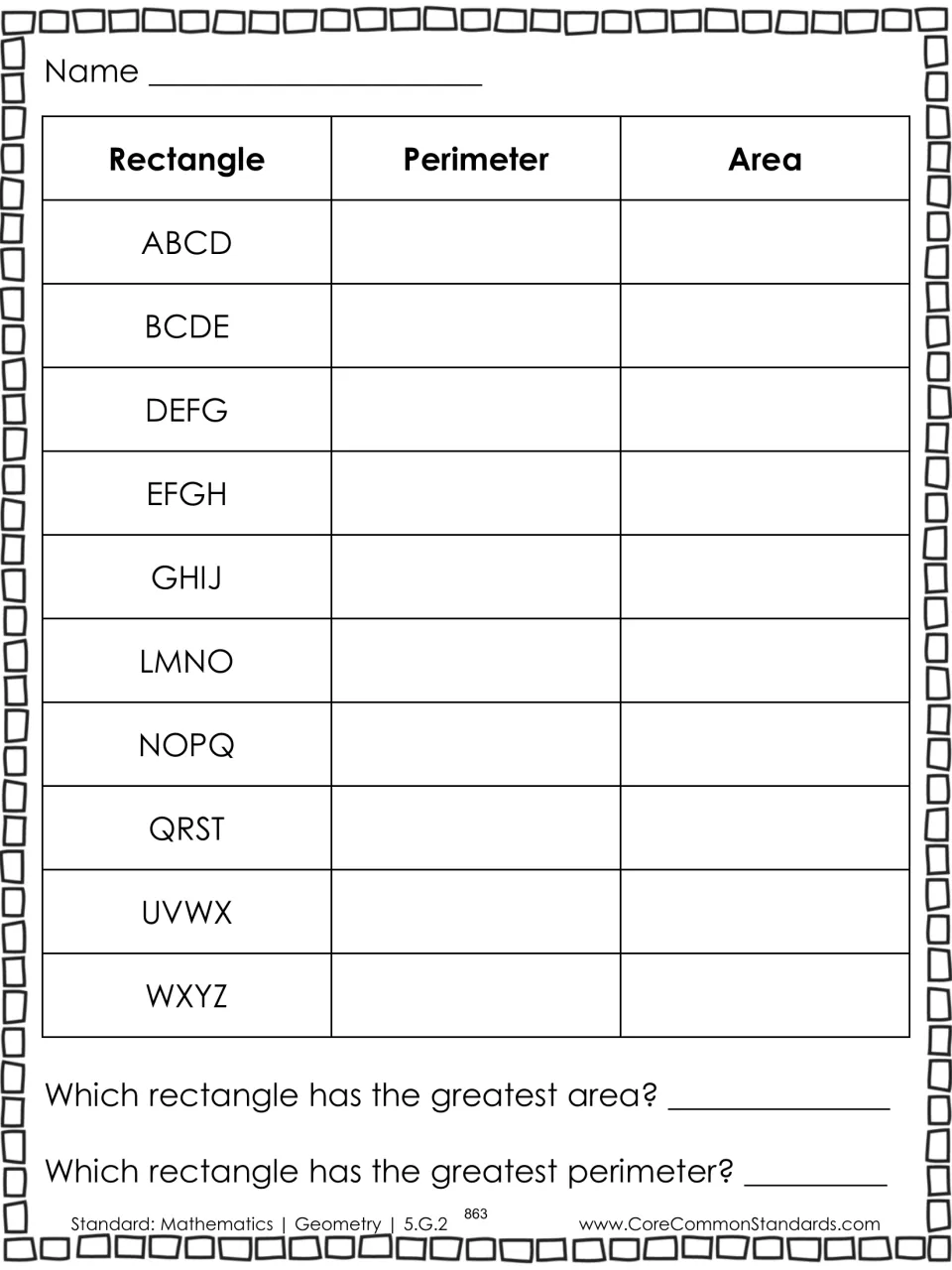 Recording worksheet for 10 rectangles: enter perimeter and area, then identify the greatest of each