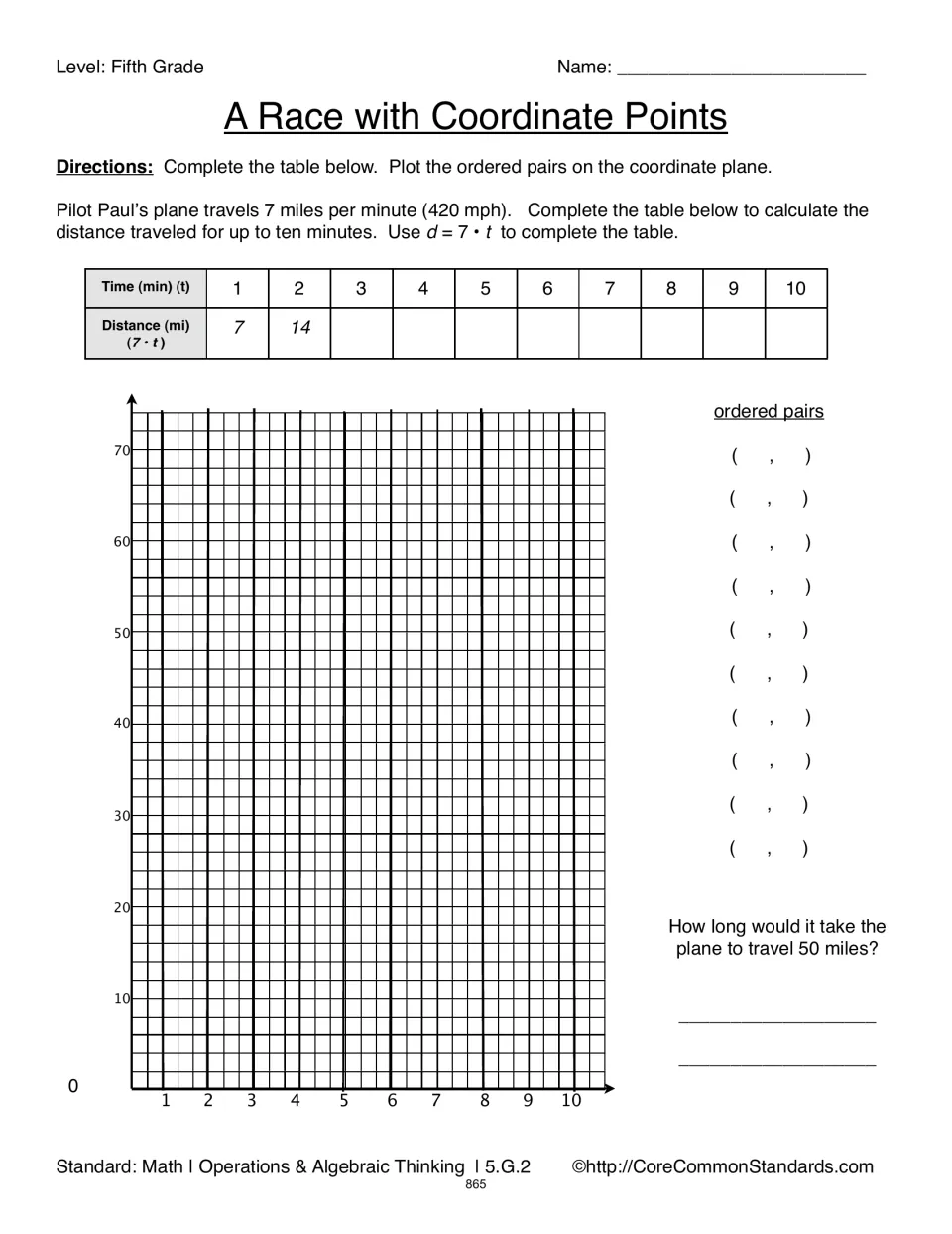 A Race with Coordinate Points: use d = 7 × t for 1–10 minutes, plot ordered pairs, and find time for 50 miles