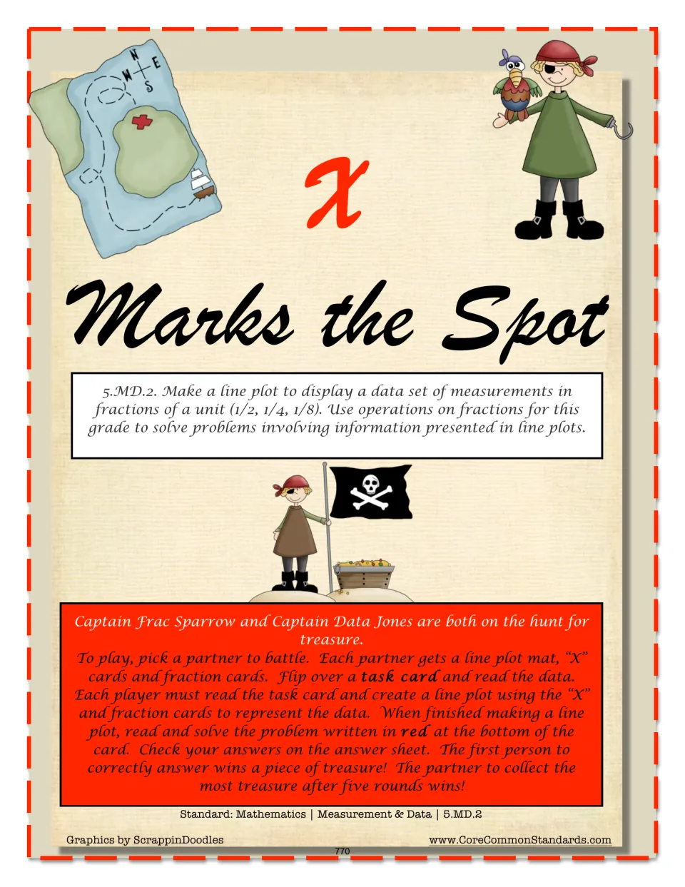 X Marks the Spot game directions: partners build fraction line plots and solve problems to earn treasure