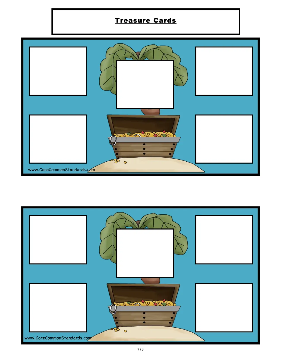 Two treasure cards for the partner game, each providing five spaces to collect treasure earned during play