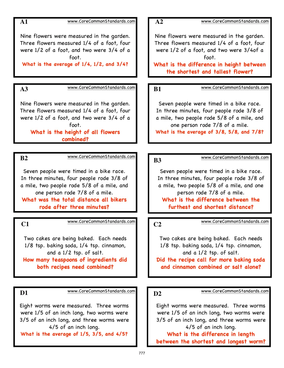 Ten fraction task cards, A1–D2, use flower heights, bike distances, cake ingredients, and worm lengths