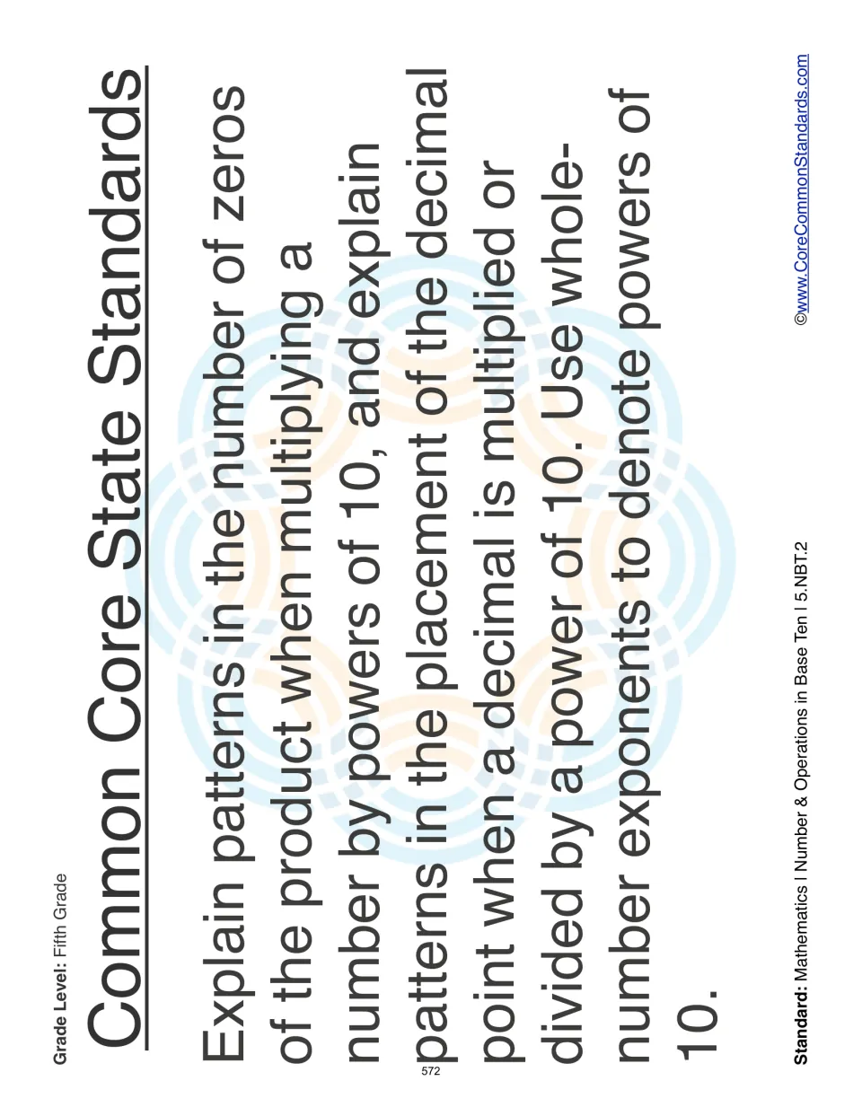 Standard statement for 5.NBT.2: explain zero and decimal placement patterns and use powers-of-10 exponents