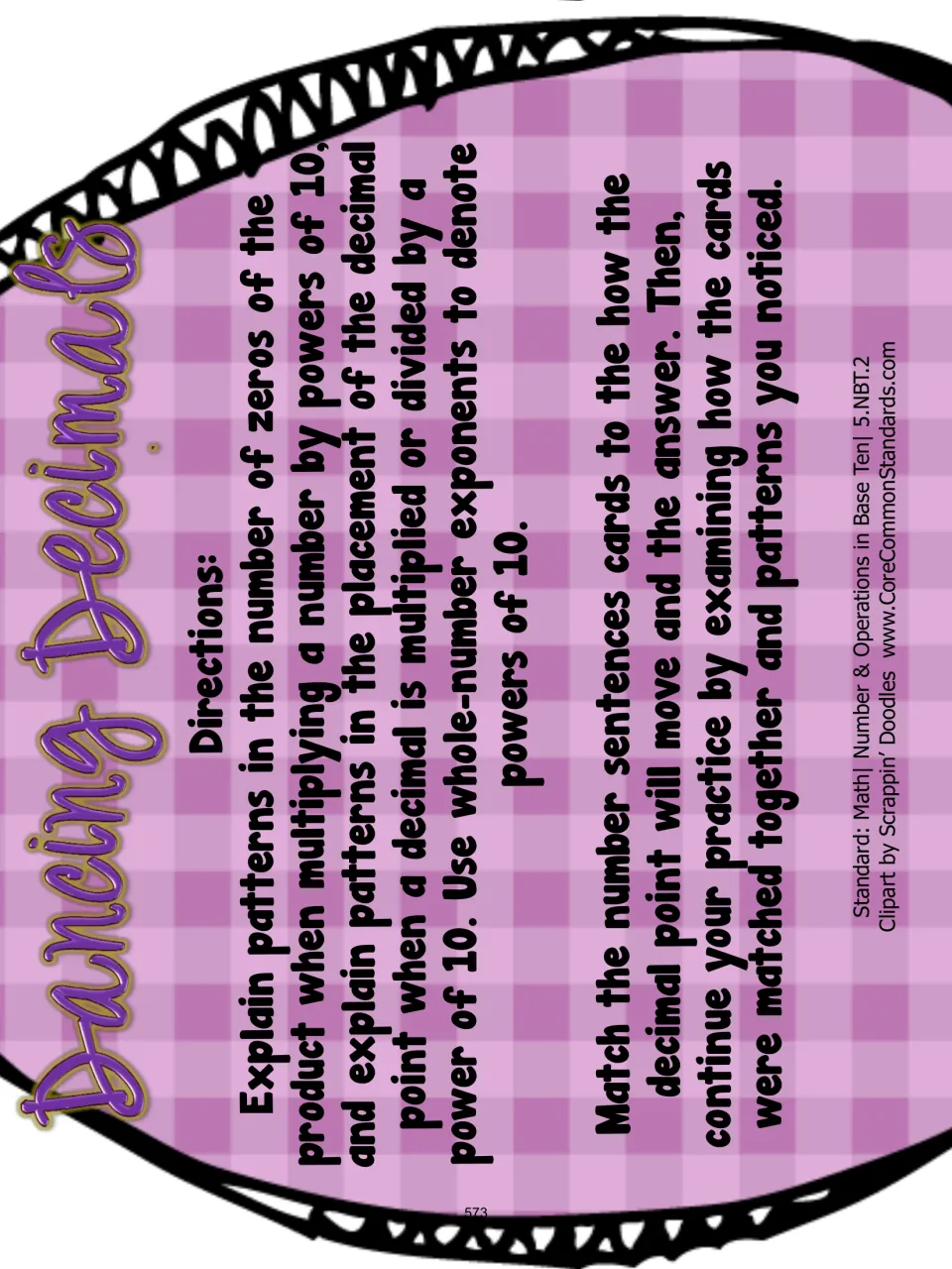 Dancing Decimals directions: match number sentences to decimal movement and answers, then examine patterns