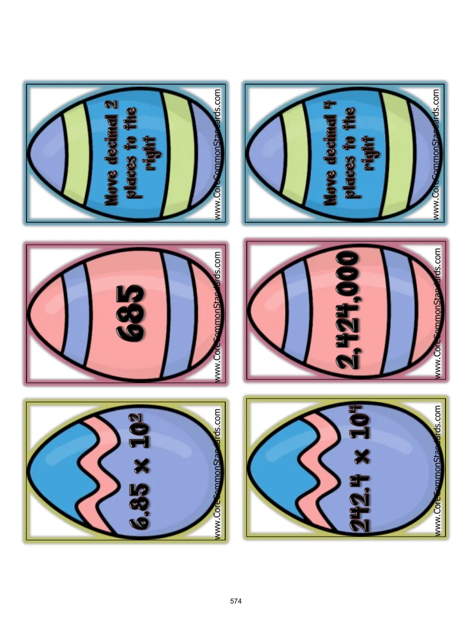 Matching cards 1–6: 6.85 × 10² and 242.4 × 10⁴, their answers, and decimal moves two and four places right
