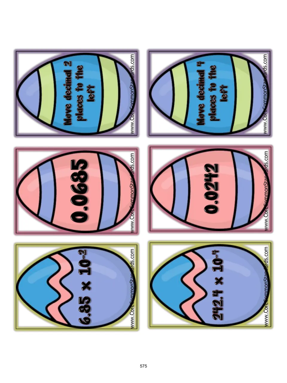 Matching cards 7–12: 6.85 × 10⁻² and 242.4 × 10⁻⁴, answers, and decimal moves two and four places left