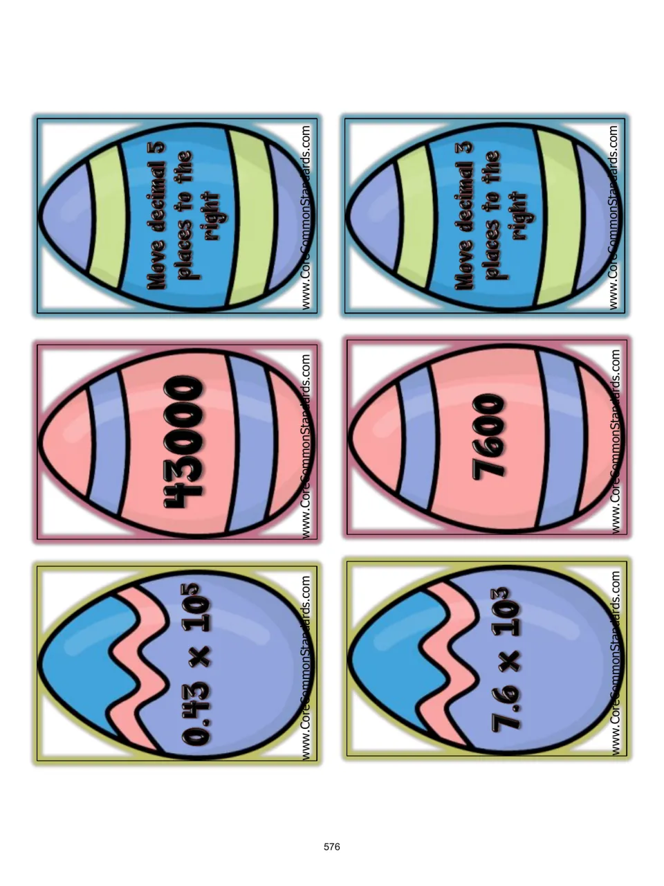 Matching cards 13–18: 0.43 × 10⁵ and 7.6 × 10³, answers, and decimal moves five and three places right