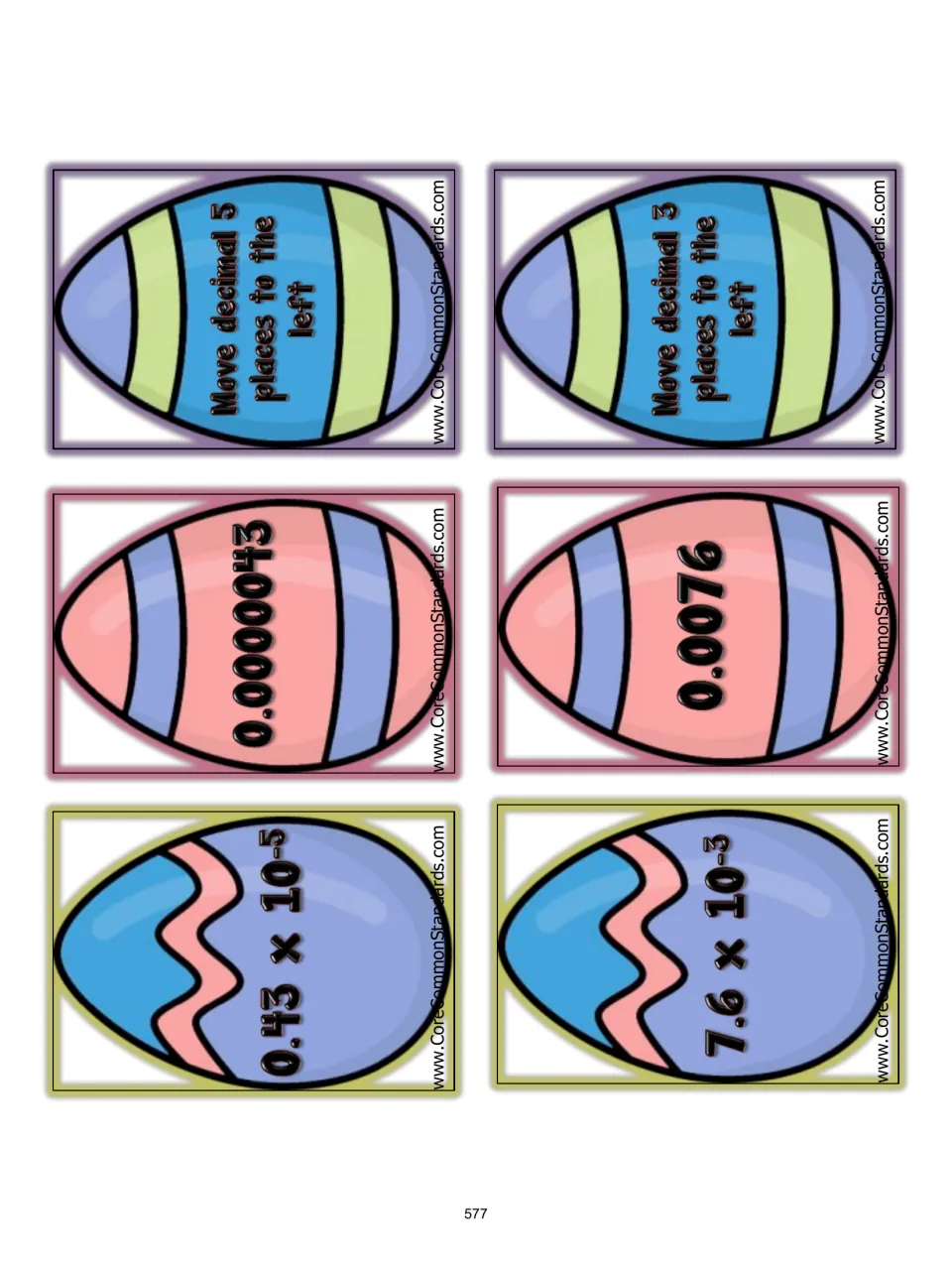 Matching cards 19–24: 0.43 × 10⁻⁵ and 7.6 × 10⁻³, answers, and decimal moves five and three places left