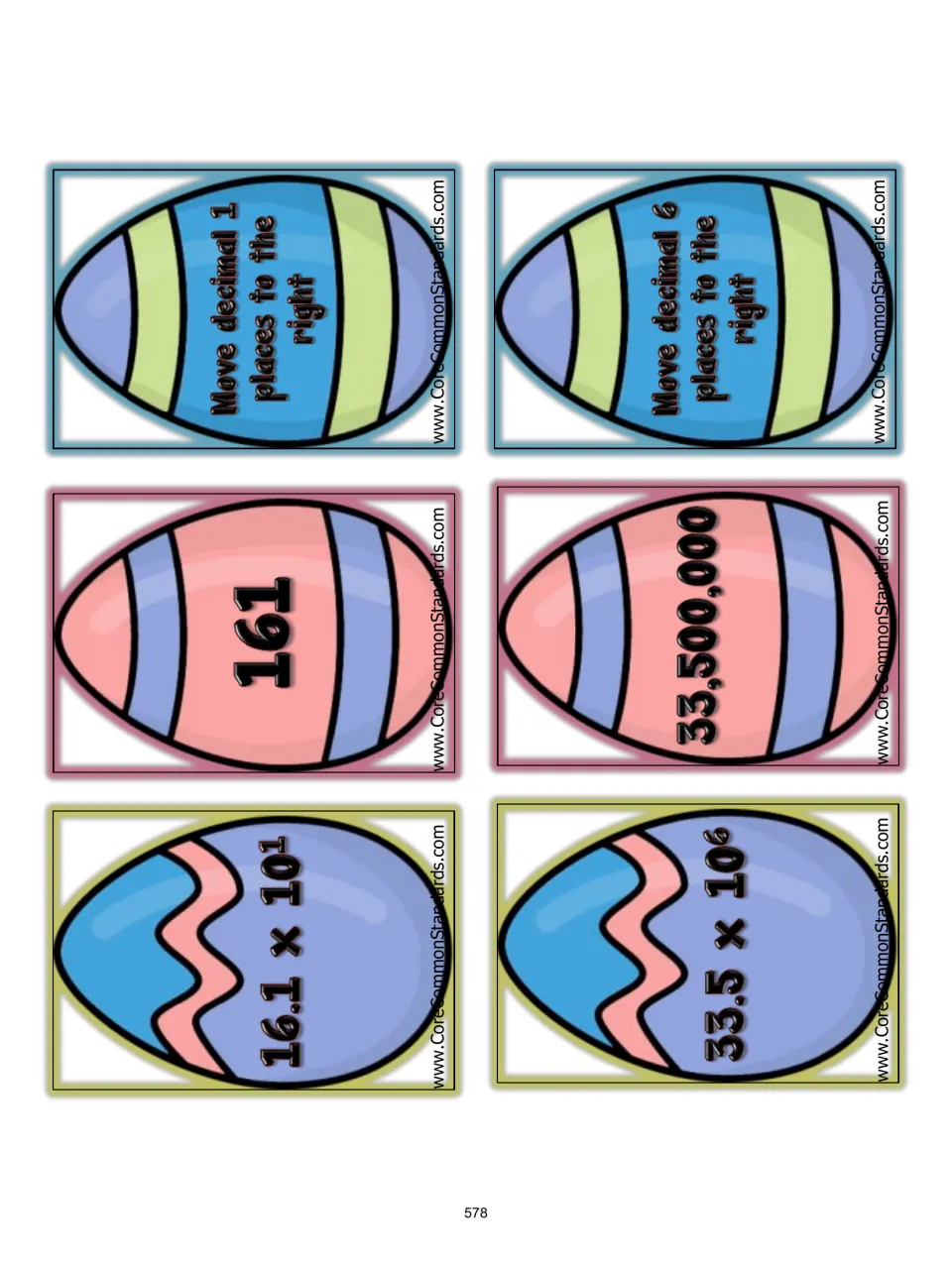 Matching cards 25–30: 16.1 × 10¹ and 33.5 × 10⁶, answers, and decimal moves one and six places right