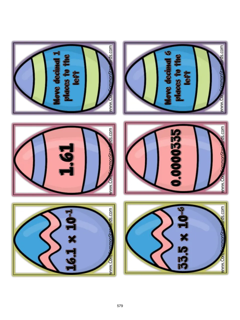 Matching cards 31–36: 16.1 × 10⁻¹ and 33.5 × 10⁻⁶, answers, and decimal moves one and six places left