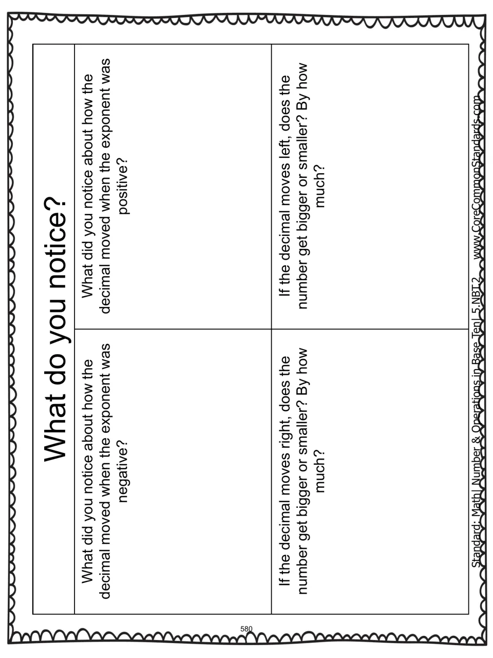 Reflection sheet asks how exponent signs affect decimal movement and how left or right moves change value