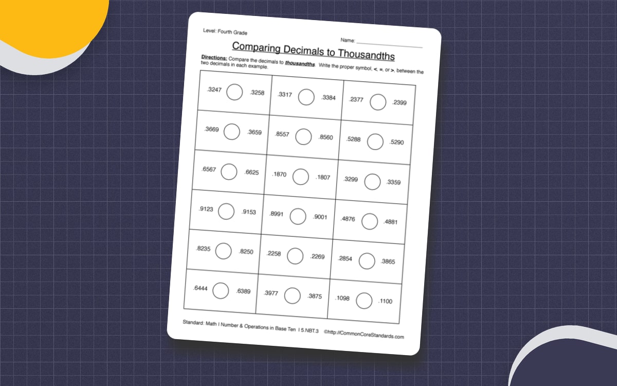 5.NBT.3 Common Core Worksheet worksheet page with the activity title and student response area.