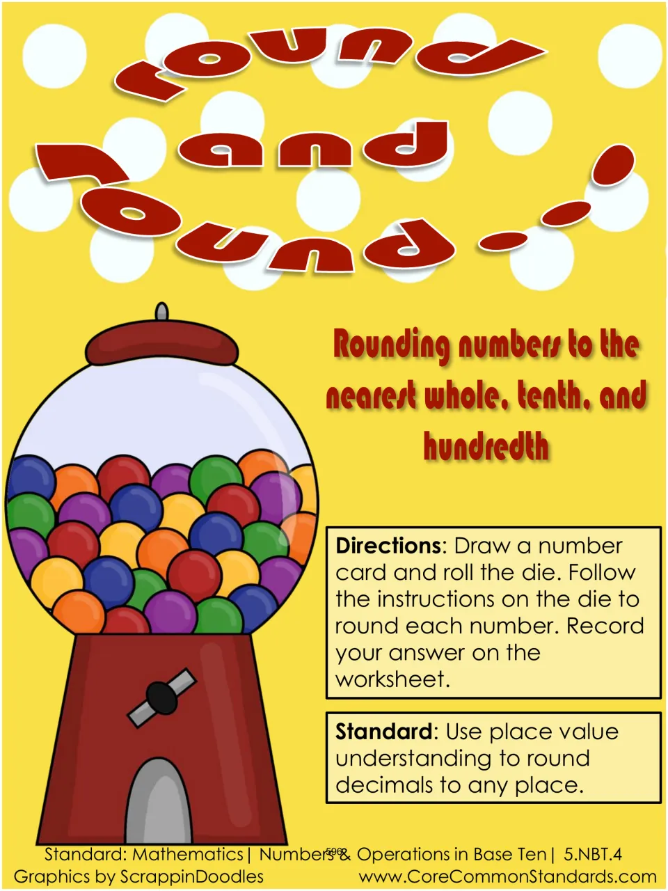 Round and Round activity directions: draw a number card, roll the die, round, and record the answer.