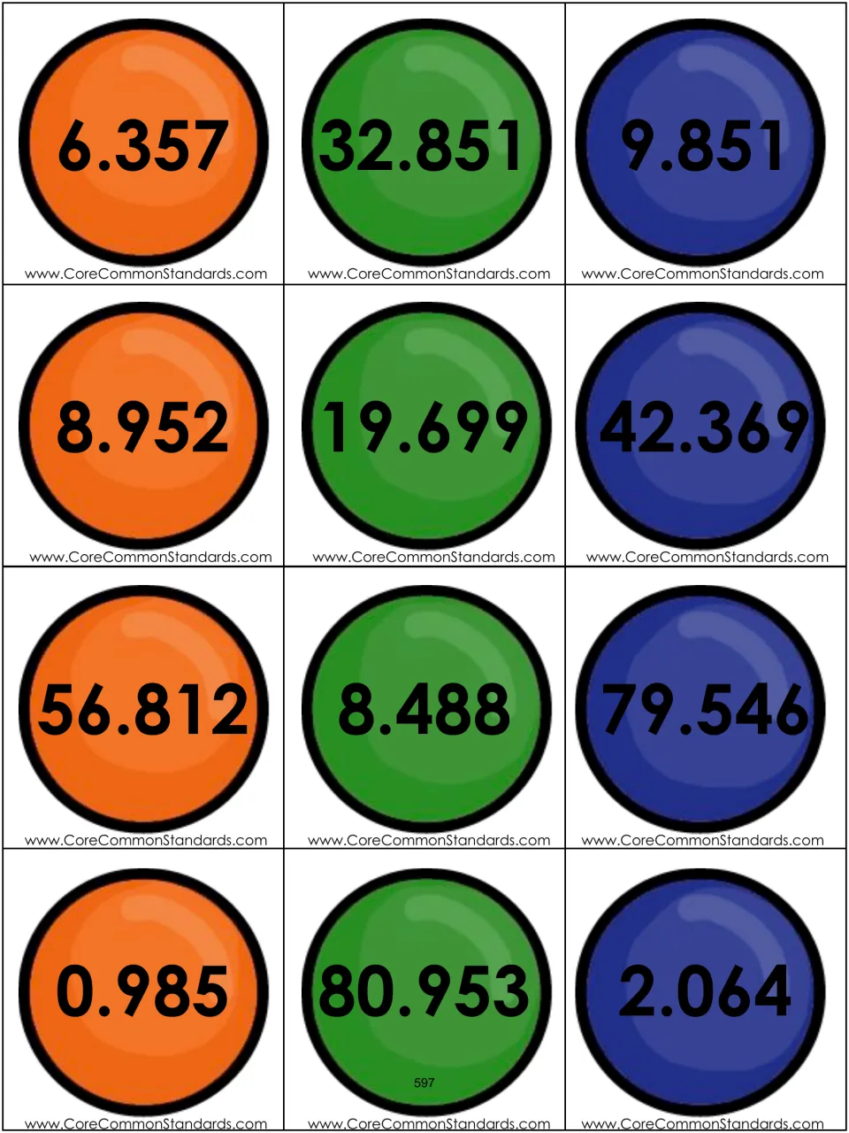 First 12 decimal cards for the rounding activity, including 6.357, 32.851, 9.851, 8.952, and eight more