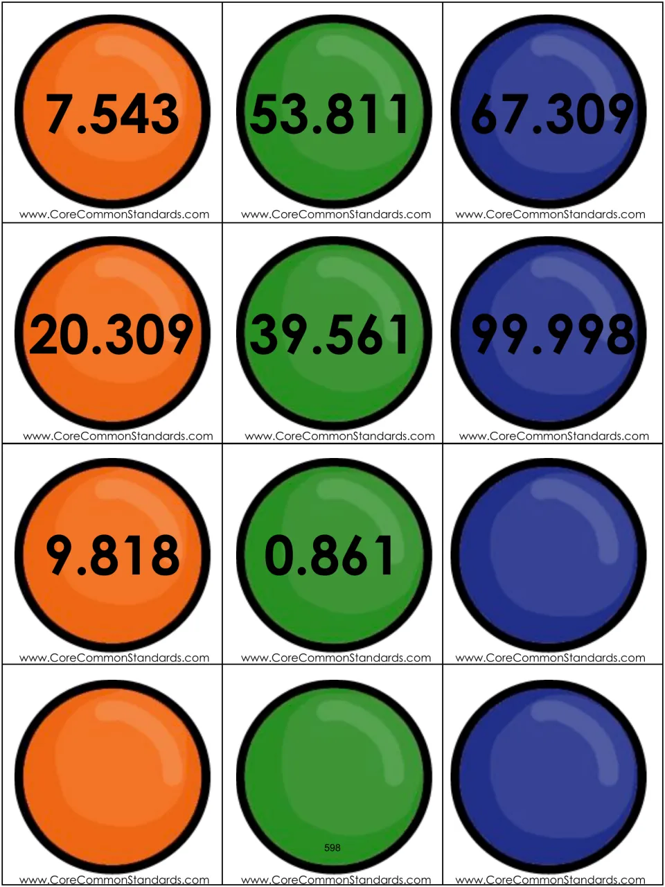 Second rounding card sheet: eight decimals, including 7.543, 53.811, and 99.998, plus four blank cards