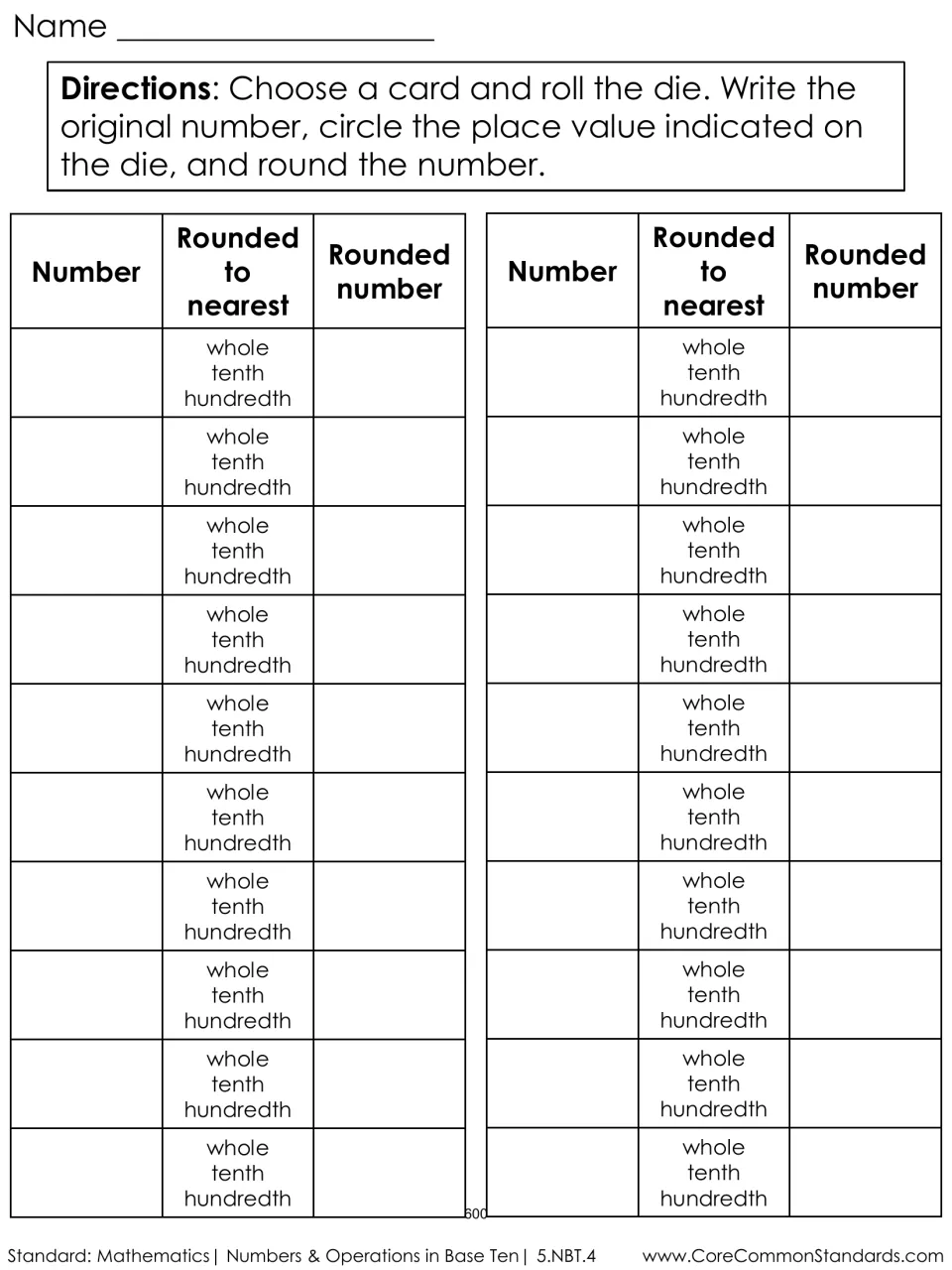 Recording sheet for 20 rounding turns: write the number, circle whole, tenth, or hundredth, and record the result