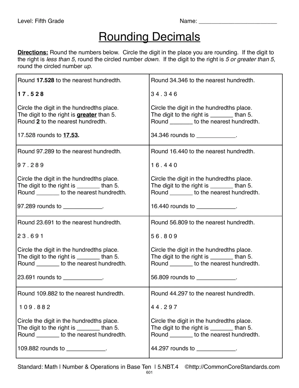 Rounding Decimals practice: one worked example rounds 17.528 to 17.53, followed by seven hundredth-rounding problems